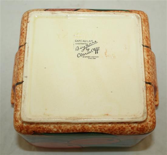 A Clarice Cliff Oranges pattern cafe au lait ground square biscuit barrel, shape 479, 18cm